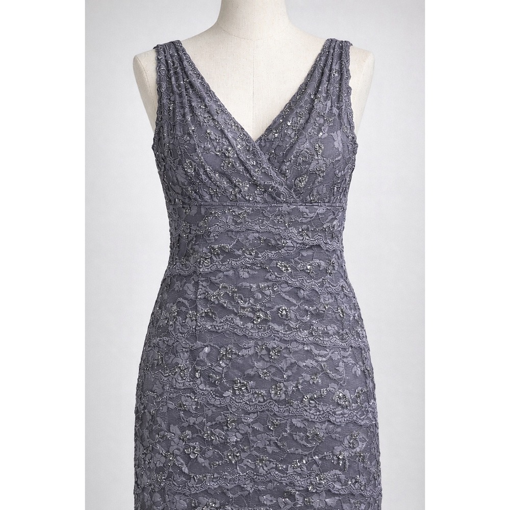 Marina Womens Gray Lace Layered Sequin Sleeveless Sheath Dress Sz 12 Party Retro